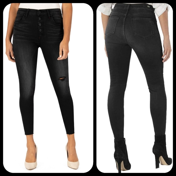 Kut from the Kloth Connie destructed High Rise Skinny Jeans limber black sz 14 - Picture 2 of 6
